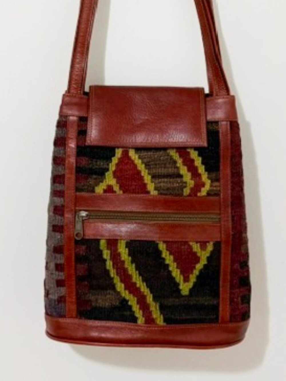 Vintage Yun Art Turkish Kilim Wool & Leather Shoulder Bag Western Boho Southwest